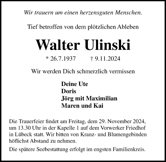 Traueranzeige von Walter Ulinski von Lübecker Nachrichten