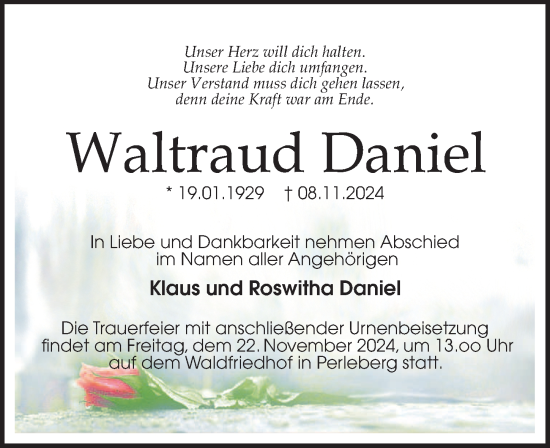 Traueranzeige von Waltraud Daniel von Wochenspiegel