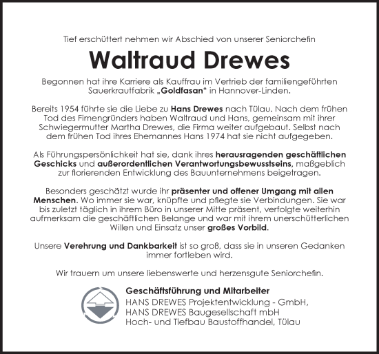 Traueranzeige von Waltraud Drewes von Aller Zeitung