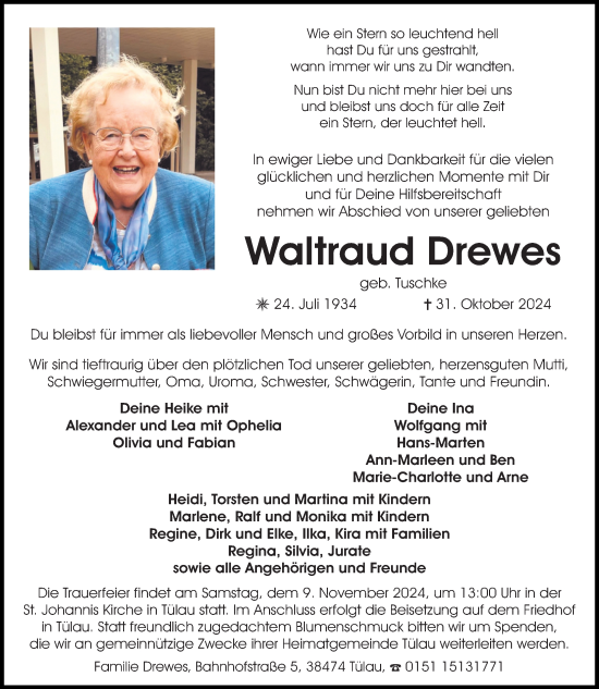 Traueranzeige von Waltraud Drewes von Aller Zeitung