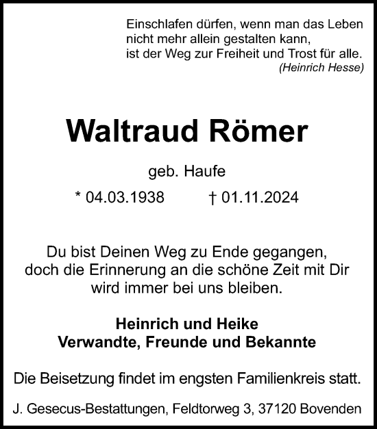 Traueranzeige von Waltraud Römer von Göttinger Tageblatt