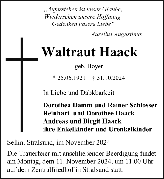 Traueranzeige von Waltraut Haack von Ostsee-Zeitung GmbH