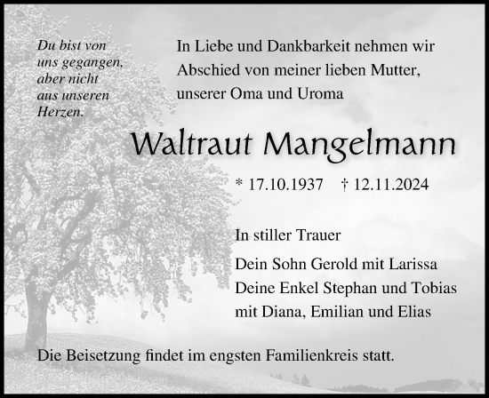 Traueranzeige von Waltraut Mangelmann von Ostsee-Zeitung GmbH