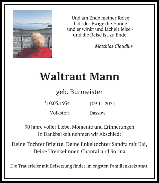 Traueranzeige von Waltraut Mann von Ostsee-Zeitung GmbH