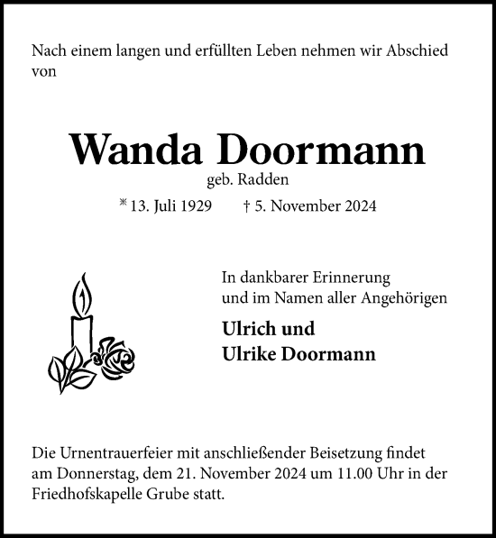 Traueranzeige von Wanda Doormann von Lübecker Nachrichten