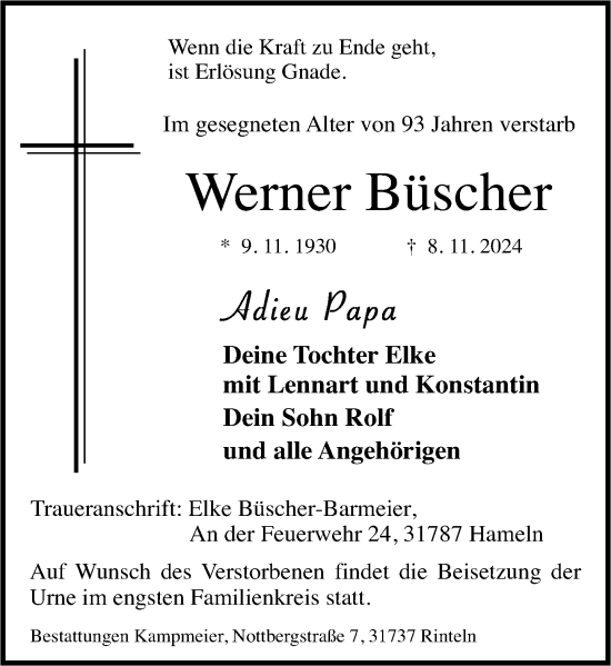 Traueranzeige von Werner Büscher von Schaumburger Nachrichten und Schaumburger Zeitung/ Landes-Zeitung