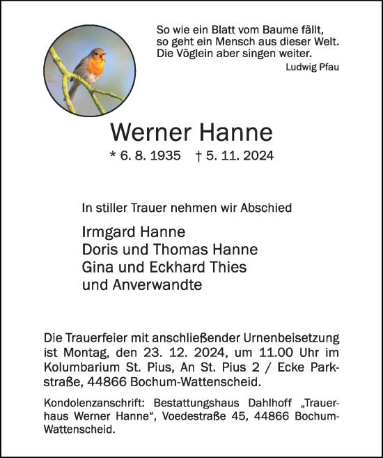 Traueranzeige von Werner Hanne von Aller Zeitung