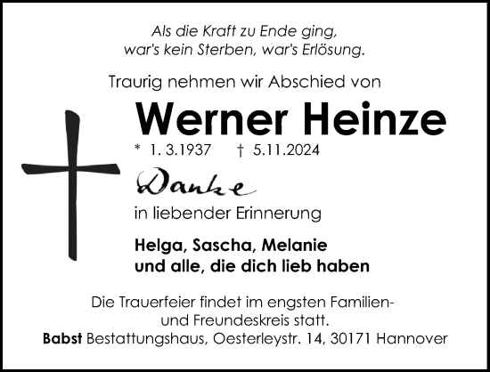 Traueranzeige von Werner Heinze von Hannoversche Allgemeine Zeitung/Neue Presse