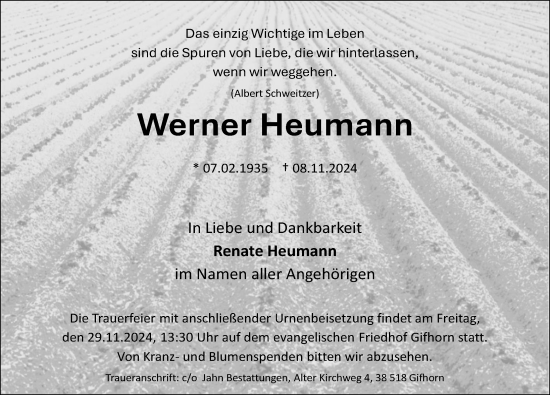 Traueranzeige von Werner Heumann von Aller Zeitung