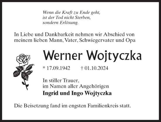 Traueranzeige von Werner Wojtyczka von Märkischen Allgemeine Zeitung