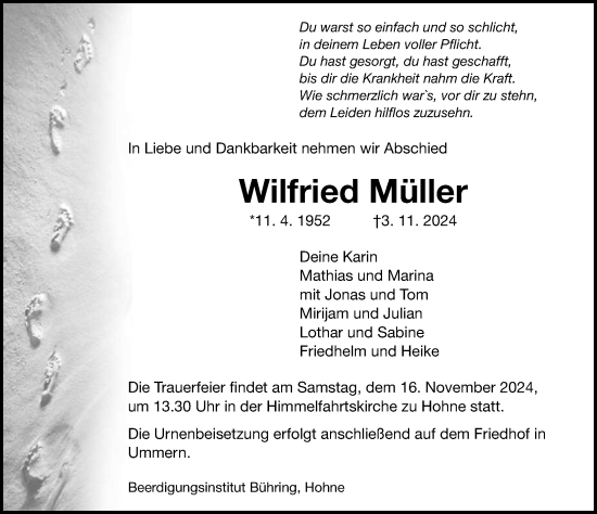 Traueranzeige von Wilfried Müller von Aller Zeitung