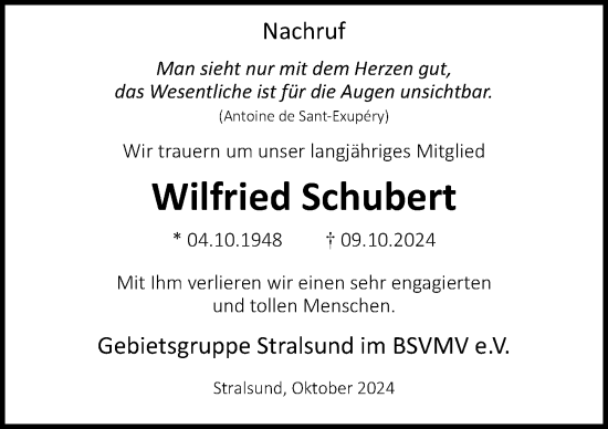 Traueranzeige von Wilfried Schubert von Ostsee-Zeitung GmbH