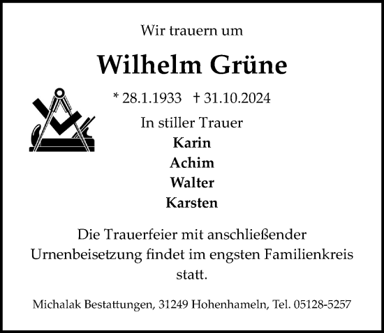 Traueranzeige von Wilhelm Grüne von Peiner Allgemeine Zeitung