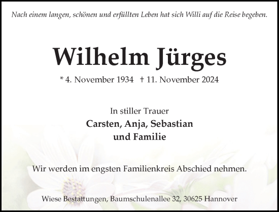 Traueranzeige von Wilhelm Jürges von Hannoversche Allgemeine Zeitung/Neue Presse