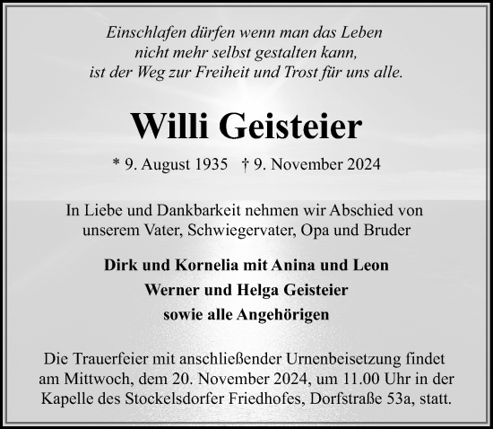 Traueranzeige von Willi Geisteier von Lübecker Nachrichten