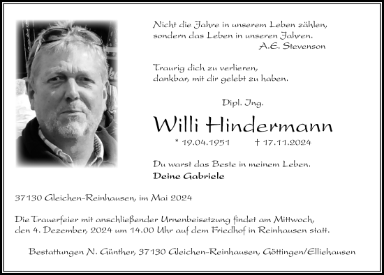 Traueranzeige von Willi Hindermann von Göttinger Tageblatt