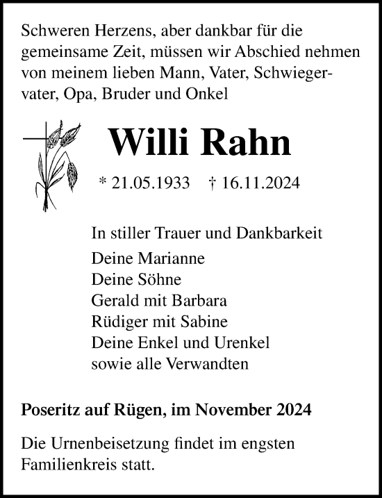 Traueranzeige von Willi Rahn von Ostsee-Zeitung GmbH