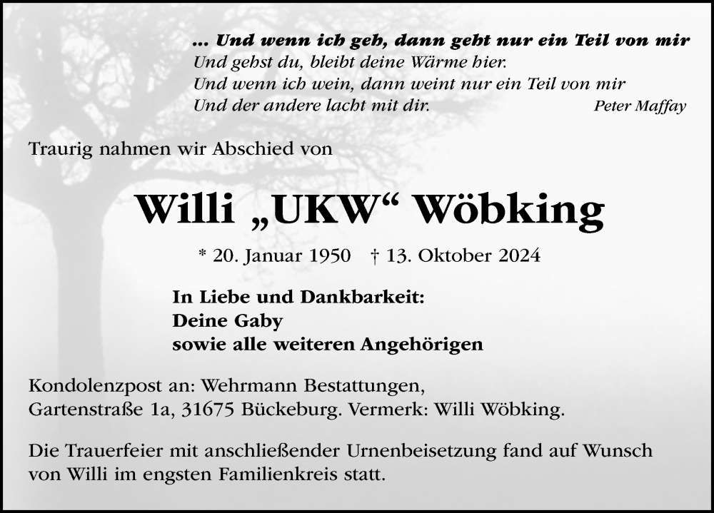  Traueranzeige für Willi Wöbking vom 02.11.2024 aus Schaumburger Nachrichten