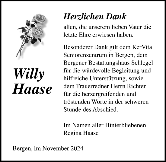 Traueranzeige von Willy Haase von Ostsee-Zeitung GmbH