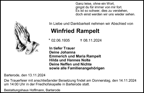 Traueranzeige von Winfried Rampelt von Göttinger Tageblatt