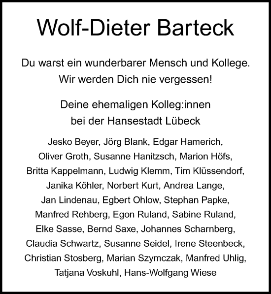 Traueranzeige von Wolf-Dieter Barteck von Lübecker Nachrichten