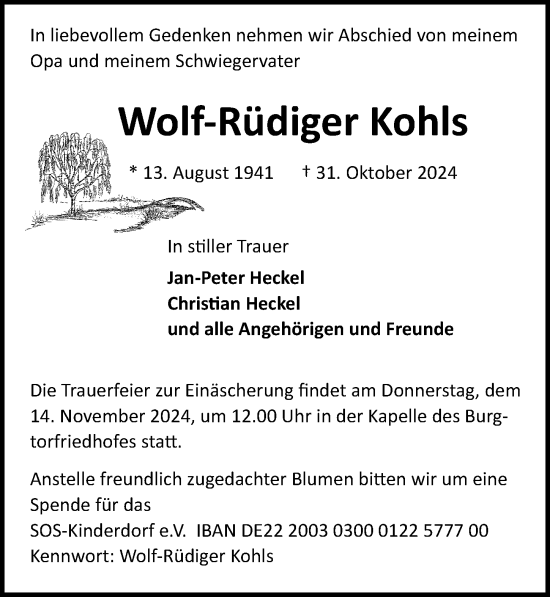 Traueranzeige von Wolf-Rüdiger Kohls von Lübecker Nachrichten