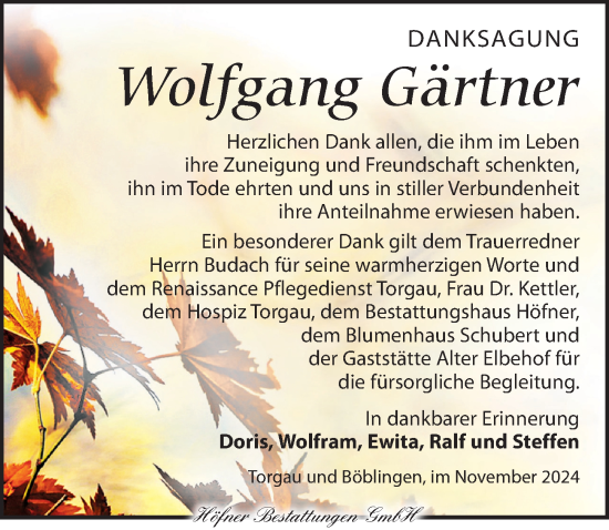 Traueranzeige von Wolfgang Gärtner von Torgauer Zeitung