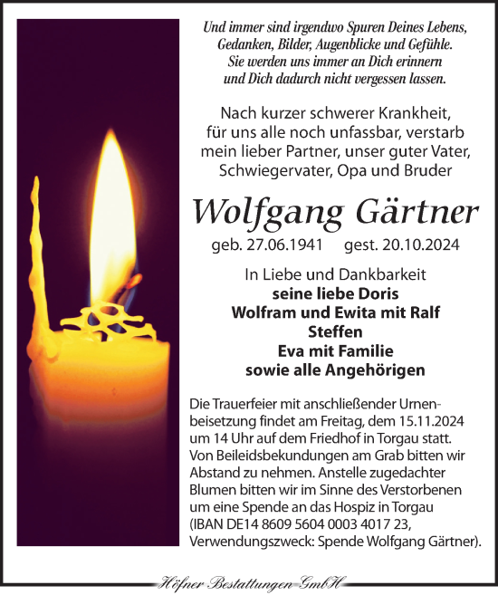 Traueranzeige von Wolfgang Gärtner von Torgauer Zeitung