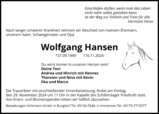 Traueranzeige von Wolfgang Hansen von Hannoversche Allgemeine Zeitung/Neue Presse