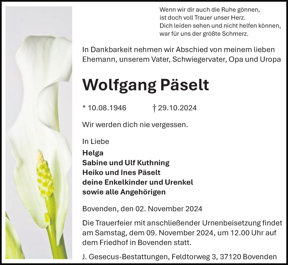  Traueranzeige für Wolfgang Päselt vom 02.11.2024 aus Göttinger Tageblatt