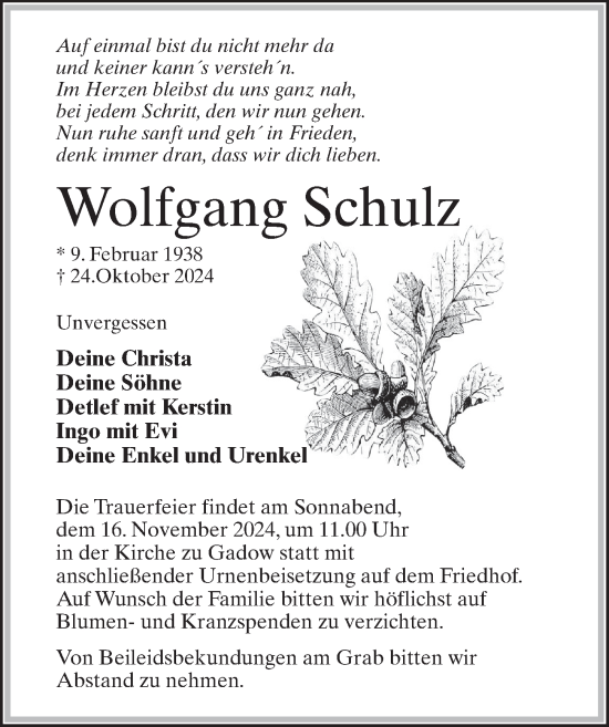 Traueranzeige von Wolfgang Schulz