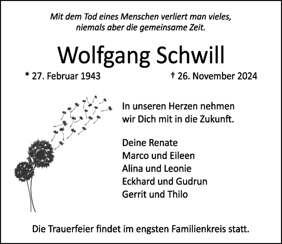 Traueranzeige von Wolfgang Schwill von Kieler Nachrichten