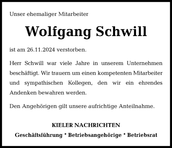 Traueranzeige von Wolfgang Schwill von Kieler Nachrichten