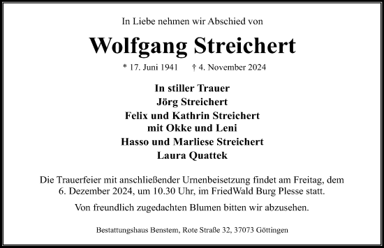 Traueranzeige von Wolfgang Streichert von Göttinger Tageblatt