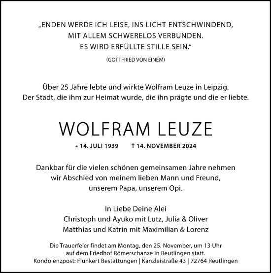 Traueranzeige von Wolfram Leuze von Leipziger Volkszeitung