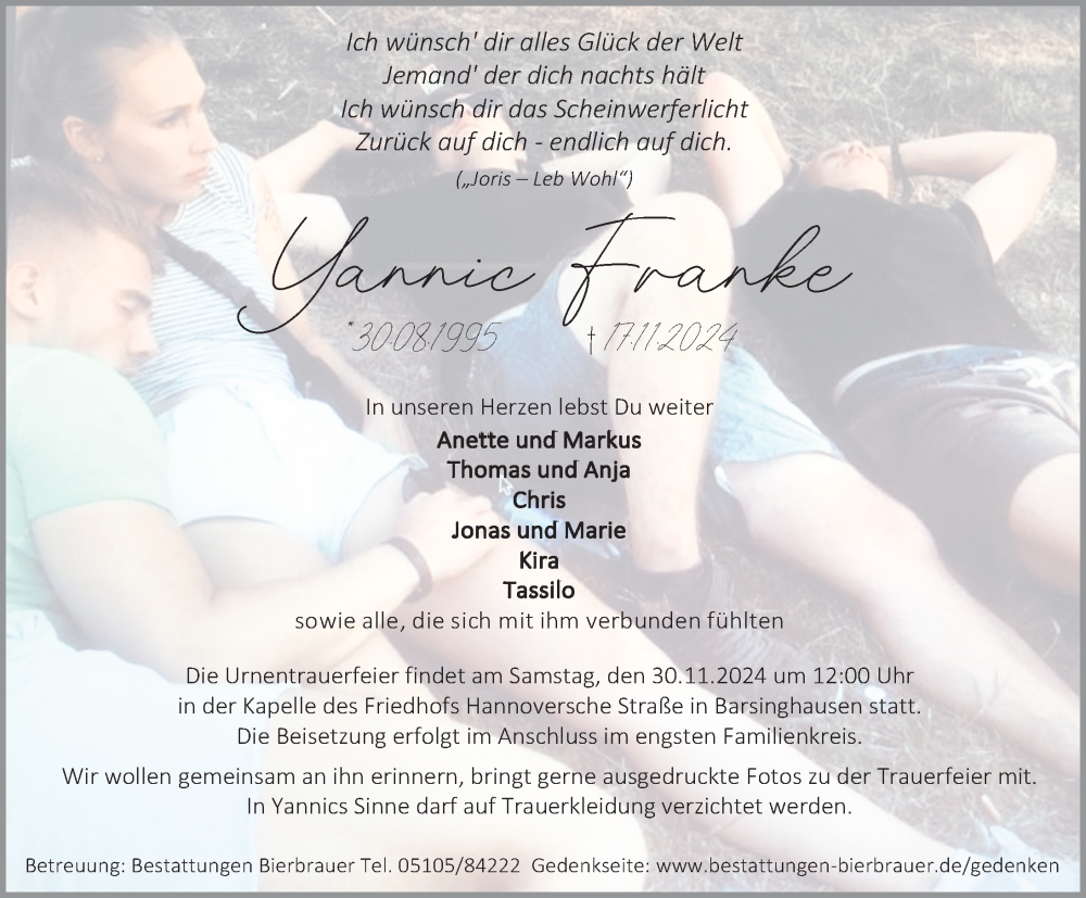  Traueranzeige für Yannic Franke vom 23.11.2024 aus Hannoversche Allgemeine Zeitung/Neue Presse