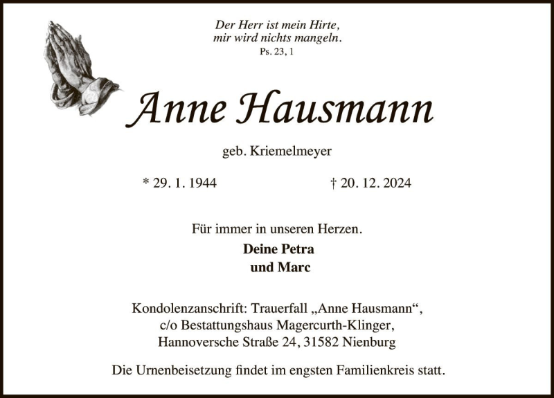  Traueranzeige für Anne Hausmann vom 23.12.2024 aus Die Harke