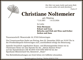 Traueranzeige von Christiane Noltemeier von Die Harke