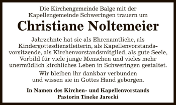 Traueranzeige von Christiane Noltemeier von Die Harke