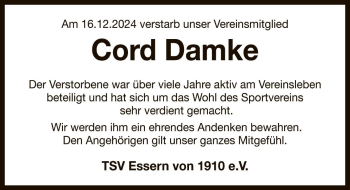 Traueranzeige von Cord Damke von Die Harke