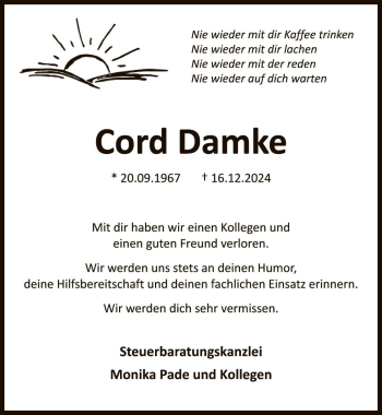 Traueranzeige von Cord Damke von Die Harke