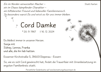 Traueranzeige von Cord Damke von Die Harke