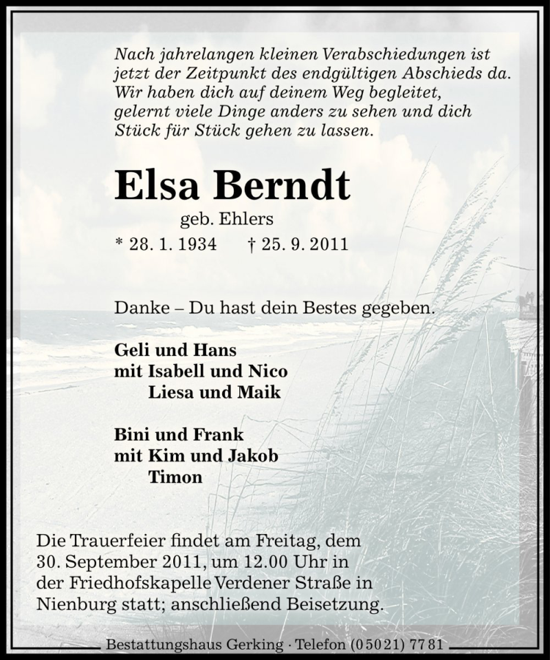 Traueranzeigen Von Elsa Berndt 