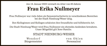 Traueranzeige von Erika Nullmeyer von Die Harke