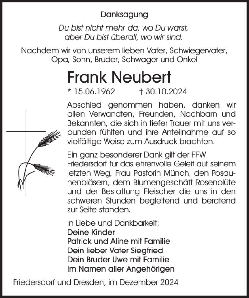  Traueranzeige für Frank Neubert vom 07.12.2024 aus Sächsische Zeitung