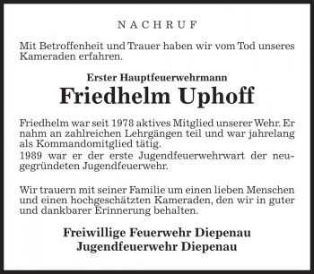 Traueranzeige von Friedhelm Uphoff von Die Harke