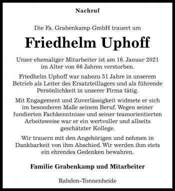 Traueranzeige von Friedhelm Uphoff von Die Harke