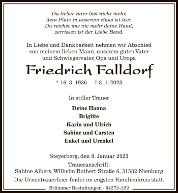 Traueranzeige von Friedrich Falldorf von Die Harke