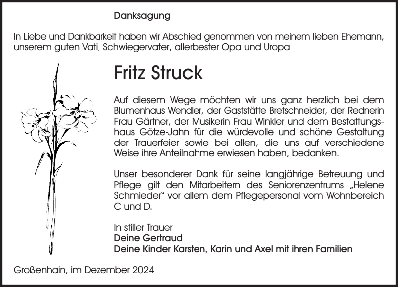  Traueranzeige für Fritz Struck vom 28.12.2024 aus Sächsische Zeitung