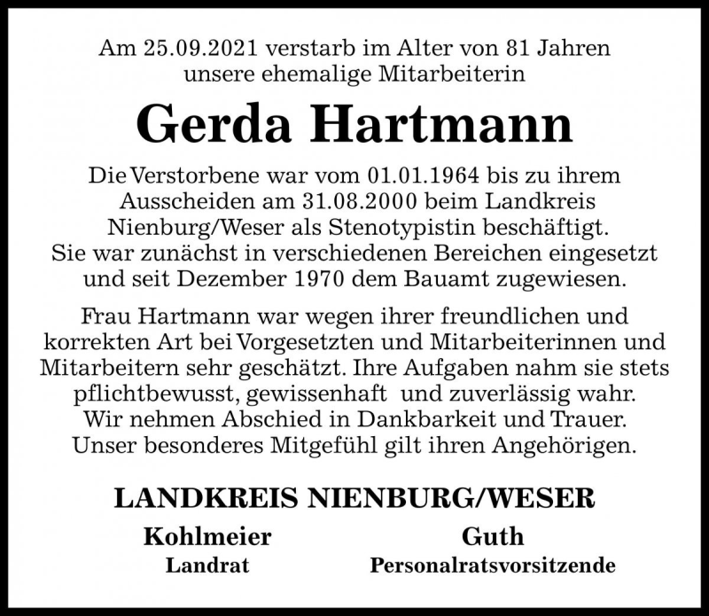 Traueranzeigen Von Gerda Hartmann 